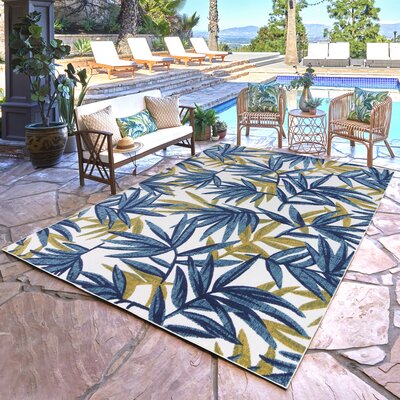 Fosel Bumba Blue/Ivory/Green Natural Leaf Flatweave Indoor/Outdoor Area Rug -  Gertmenian, 46281