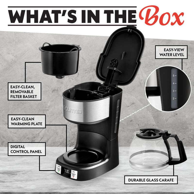 Cafetière Gourmia 5 tasses avec infusion à une touche, pause et service, fonction de maintien au chaud, noir