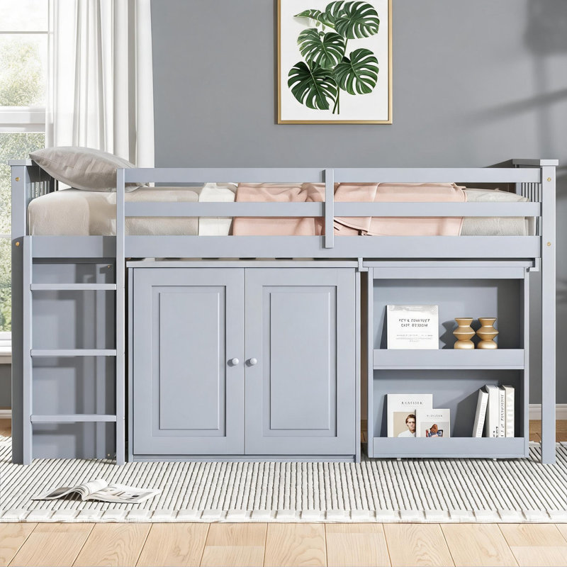 Lit plateforme mezzanine en bois d'hévéa massif gris avec rangement intégré et bureau coulissant pour chambre d'enfant, Gray