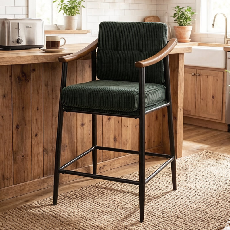 26-inch Medieval Style Bar Stool, Wooden Armrests, Sturdy Thickened Metal Frame, Classic High Stool, 1, Green Corduroy