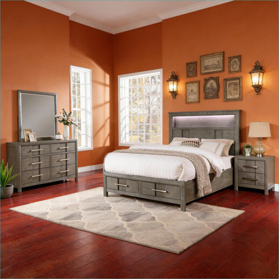 Ensemble de chambre à coucher | Tête de lit à DEL 4 pièces Modern Queen, en bois manufacturé massif, gris ardoise, Bluetooth USB, pour la chambre principale | Bois | Lits bibliothèque