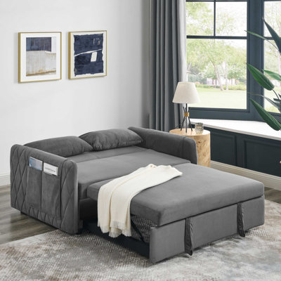 Canapé-lit moderne convertible de 55 po avec 2 poches pour accoudoirs amovibles, canapé-lit en velours avec lit escamotable, 2 coussins et dossier réglable pour le salon, accoudoirs à motif quadrillé