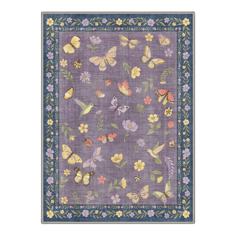 Adonis Mirabelle Vintage Machine Washable Blue / Purple / Yellow Indoor Area Rug with Non-Slip Backing, Rectangle 6' x 9'