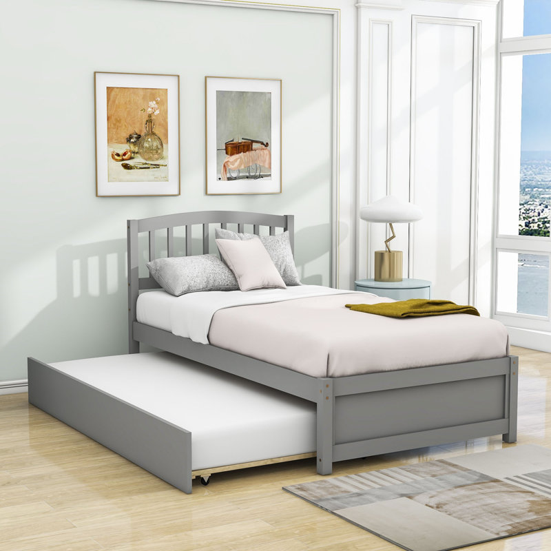Structure de lit plateforme en bois avec lit gigogne Mashud, gris