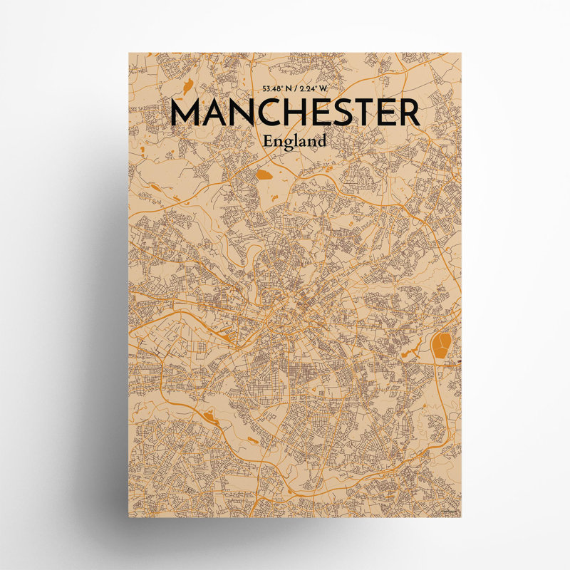 Manchester, Royaume-Uni, carte de la ville - ensemble d'imprimés non encadrés, H 27,6 po x l 19,7 po, Orange / or pâle
