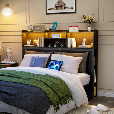 Queen Headboard, 62" Bookcase Headboard with Charging Station & LED Lights, Side Storage