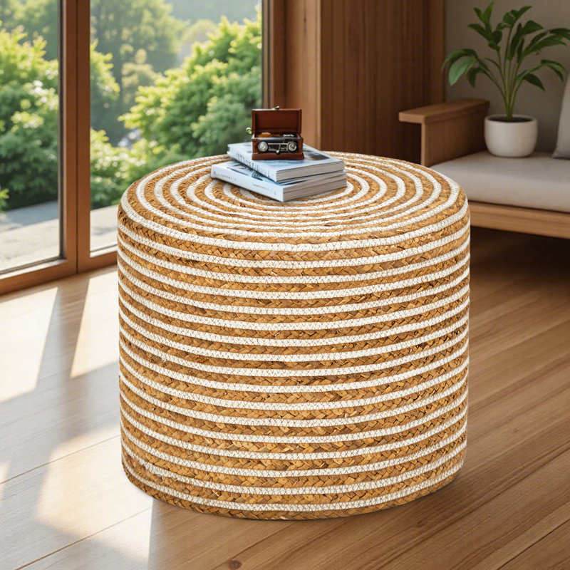 Onaway Upholstered Pouf, Natural Water Hyacinth + White Cotton Rope