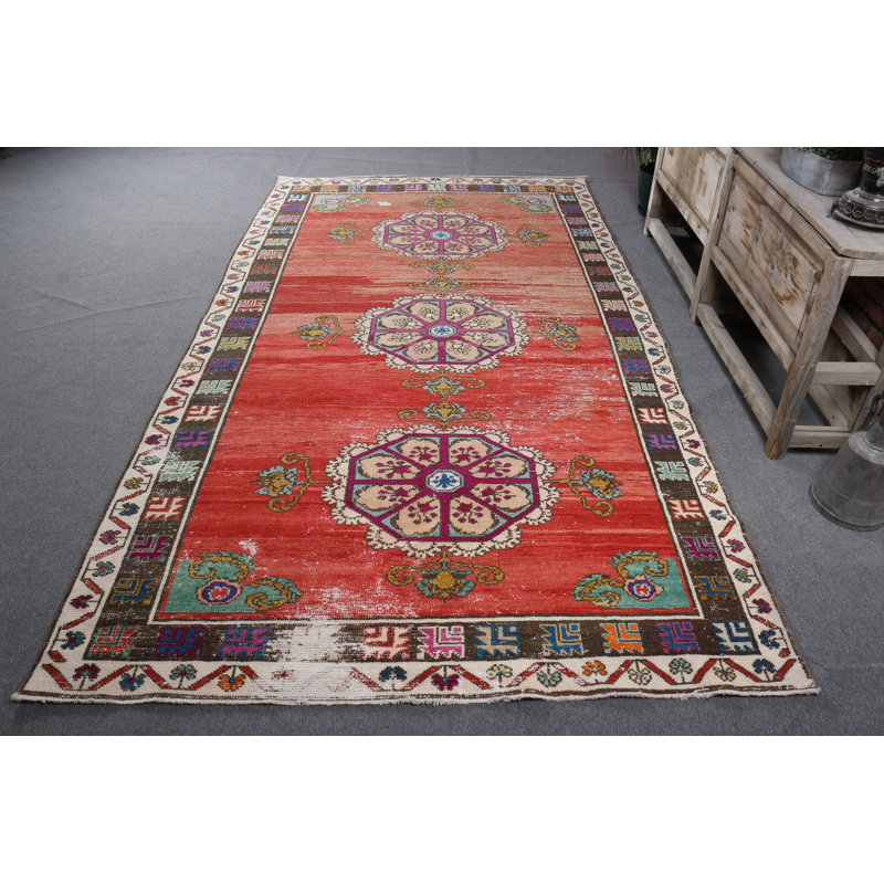 Grand tapis turc rétro en laine rouge idéal pour rehausser l'ambiance de votre salle à manger