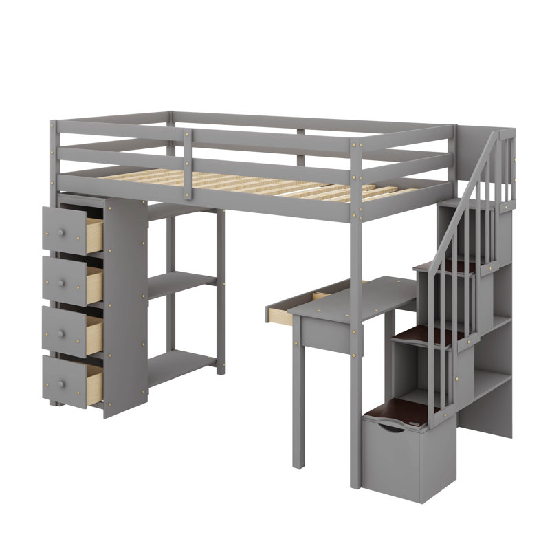 Lit mezzanine en bois avec tiroirs et tablettes, Gris