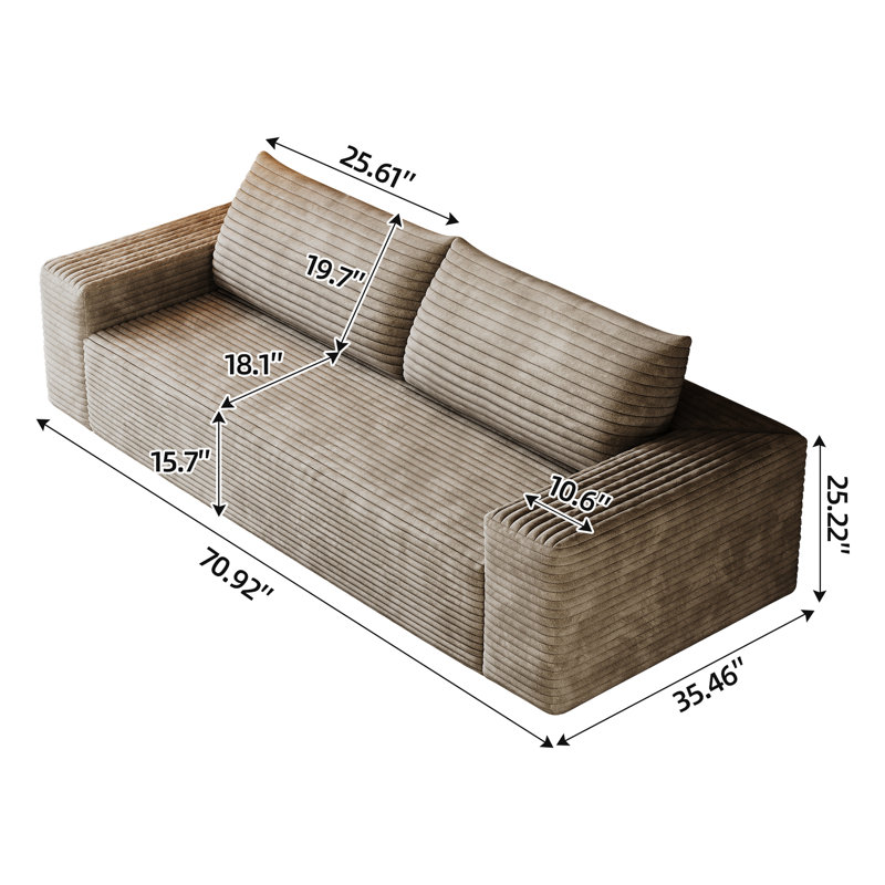 Zain Boneless Compression Corduroy Upholstered Sofa with Deep Seat & Wide Armrests, 25.22" H x 71" W x 35.46" D, Camel