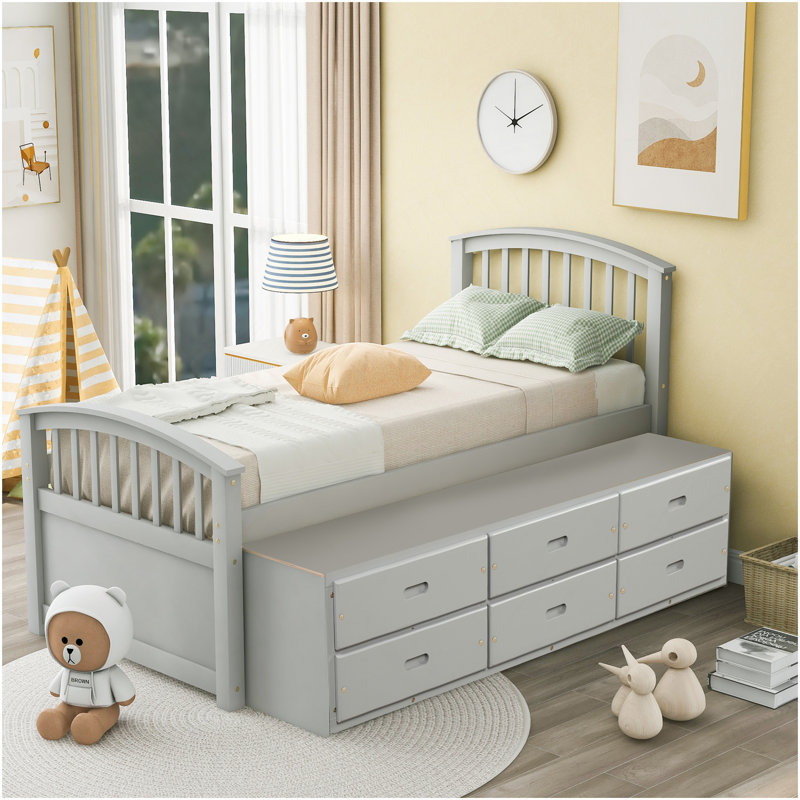 Lit plateforme simple avec 6 tiroirs, Gris