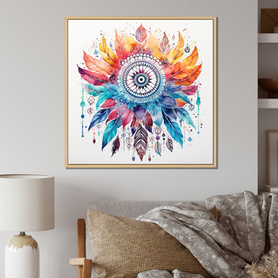 «Orange and Blue Boho Dreamcatcher», aquarelle encadrée sur toile