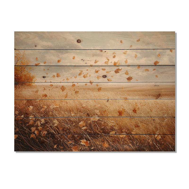 Windy Meadow Prairie Leaves II - Impression sur bois de feuilles - sur bois de pin naturel, H 30 po x l 40 po