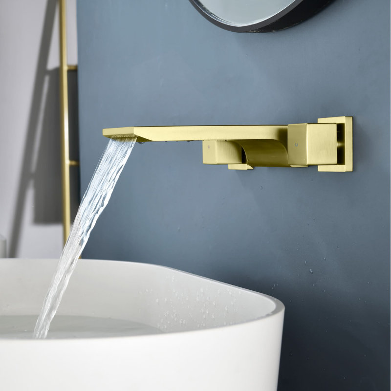 Wall-Mounted 3 Hole Tub Faucet Waterfall Bathtub Faucet Brass 2 Handle Tub Filler With Valve, Brushed Gold