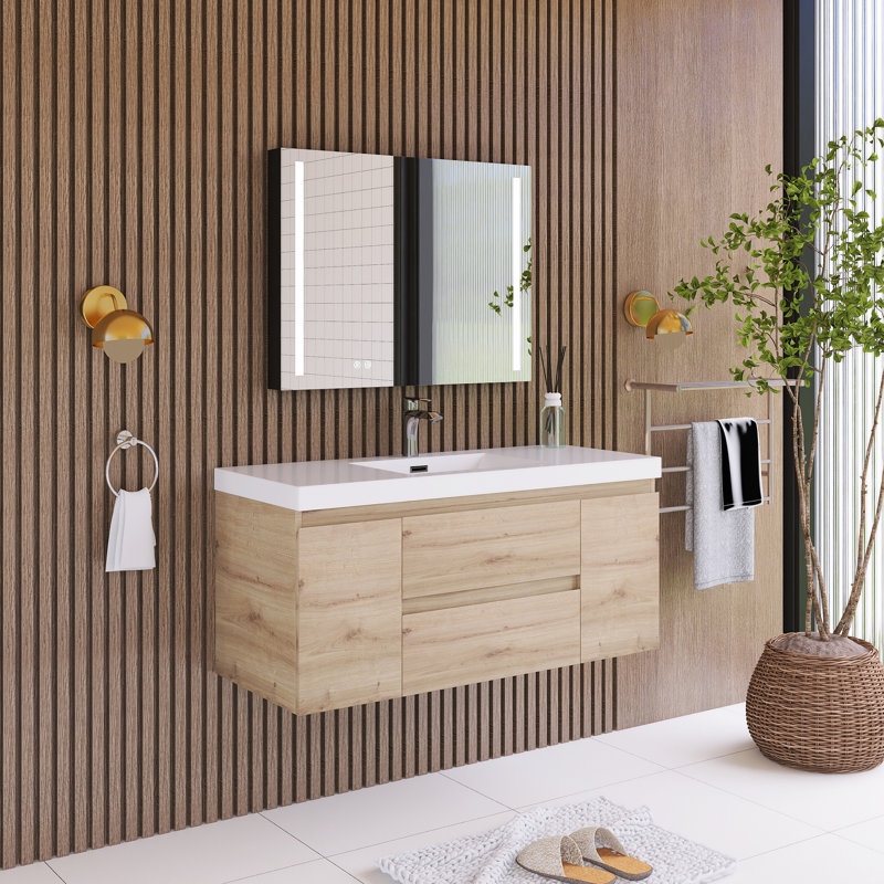 Orinate 48'' Wall Mounted Single Sink Bathroom Vanity with Resin Top, Oak