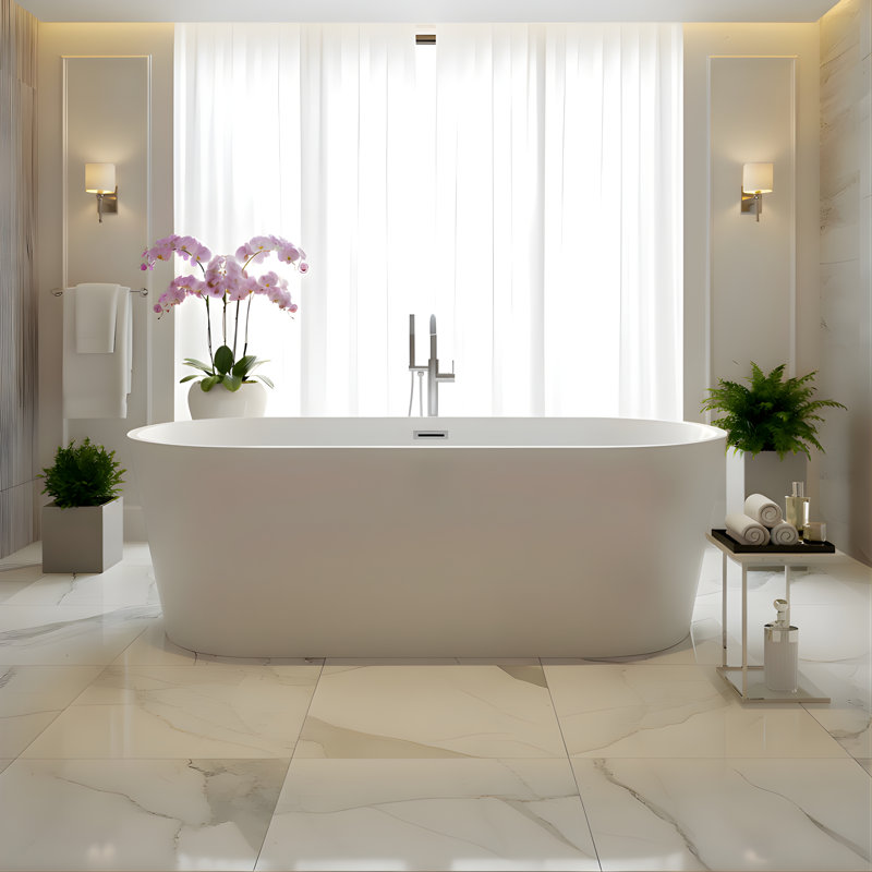 67" x 32" Freestanding Soaking Acrylic Bathtub, White/Polished Chrome