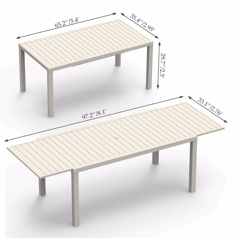 97.2"L Extendable Aluminum Outdoor Patio Dining Table, White