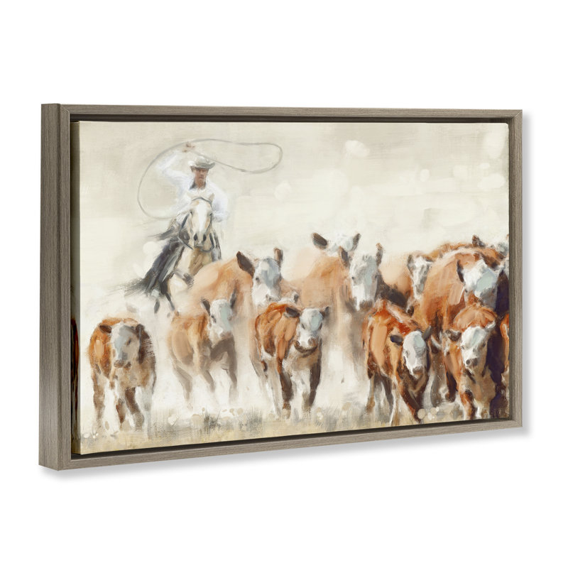 «Cowboy Bétail», toile flottante encadrée noire par Nina Blue, Cadre flottant orme Montalcino, H 17 po x l 25 po