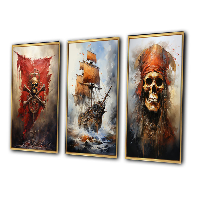 Drapeau pirate «Jolly Rogers Legacy», ensemble de 3 pièces d'art pirate, Cadre flottant doré, H 28 po x l 36 po