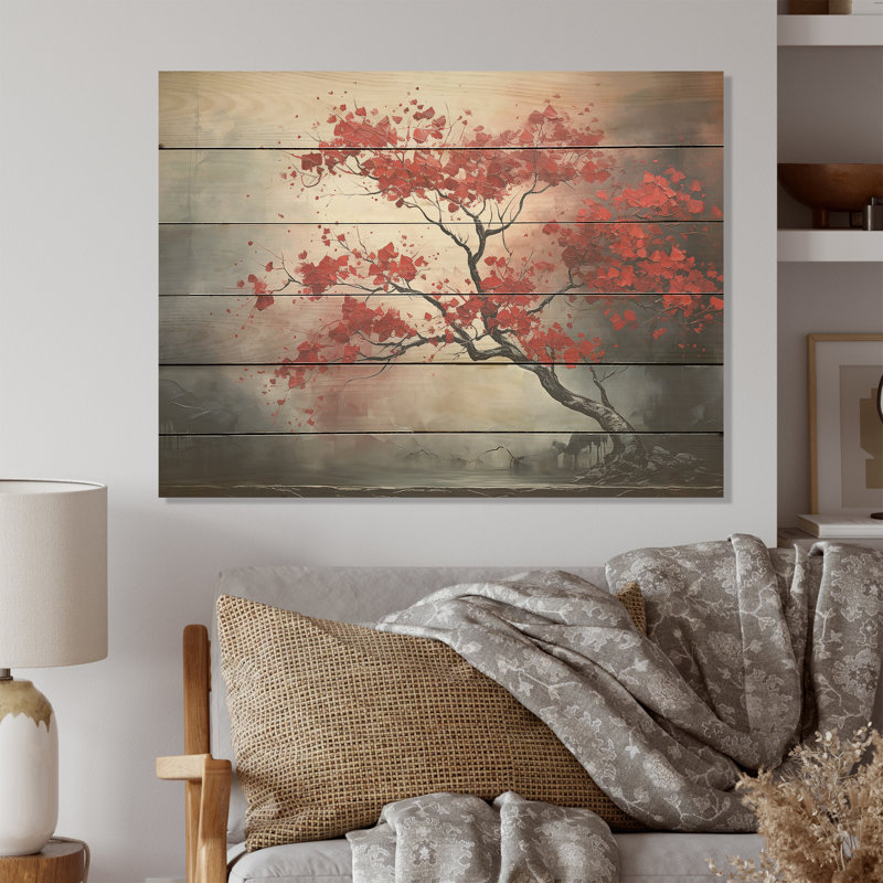 Fiery Red Maple Tree I - érable sur bois, art sur bois de pin naturel, H 30 po x l 40 po