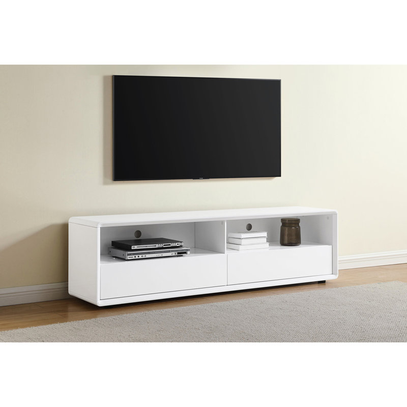 Meuble télé blanc lustré à 2 tiroirs, compatible avec les téléviseurs de 70 à 79 pouces, optimise l'espace, style contemporain, design élégant, profil bas pour téléviseurs jusqu'à 75 pouces.