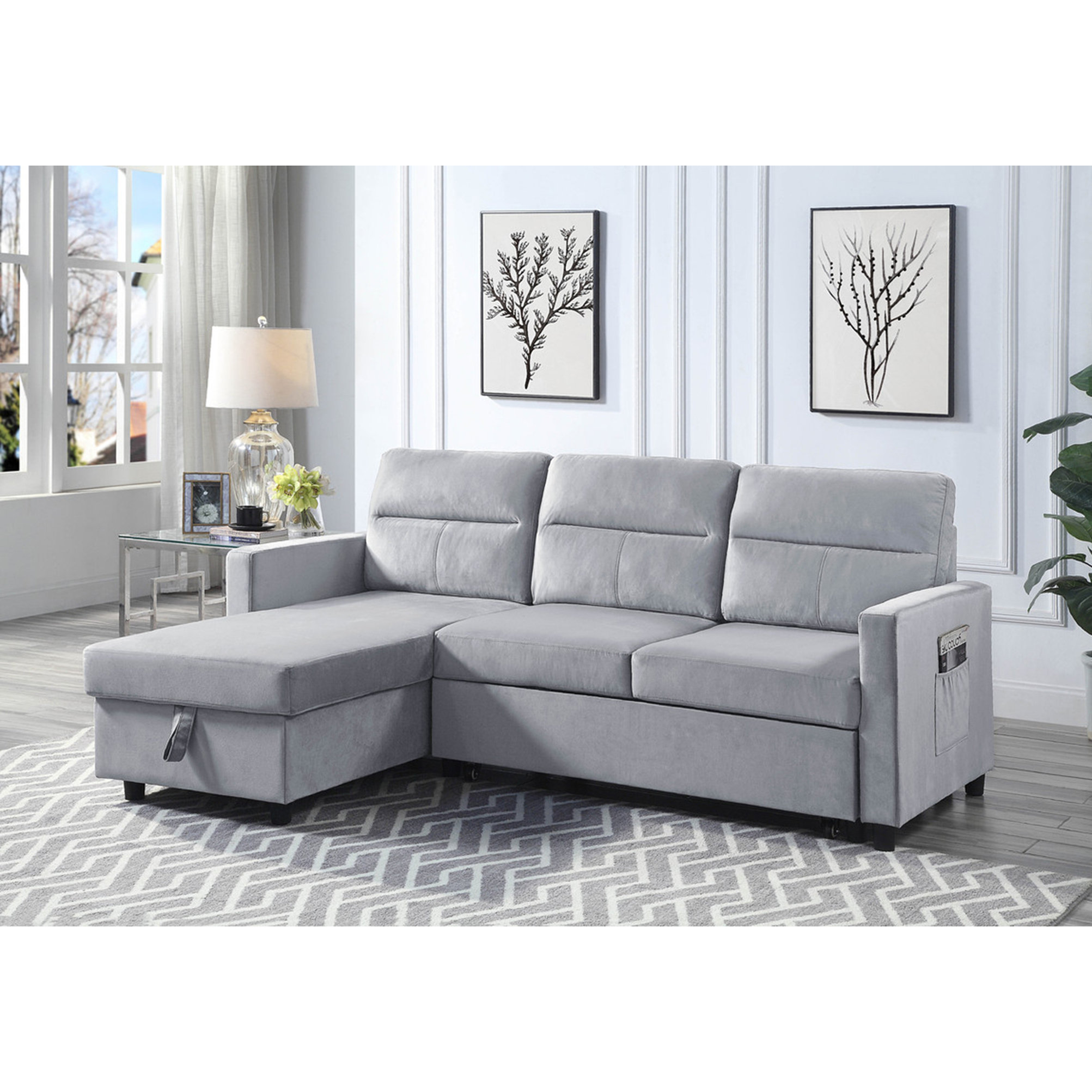 Latitude Run® 81.5" Velvet Reversible Sleeper Sectional Sofa With ...