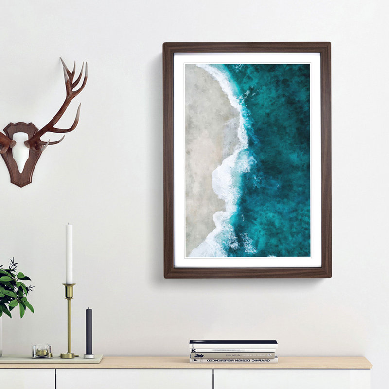 Ocean Kissing The Beach - Single Picture Frame Print on MDF, 45cm H x 33cm W x 2cm D, Walnut Framed