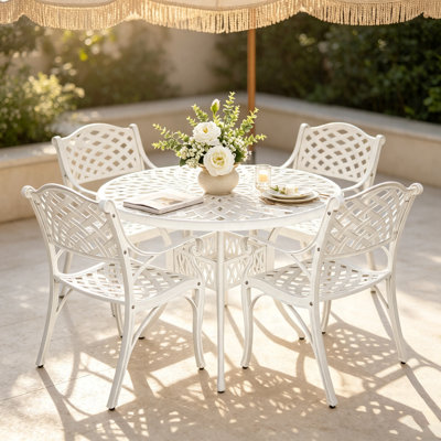 Ensemble de salle à manger 5 pièces pour patio, table de salle à manger d'extérieur avec 4 chaises, ensemble de salle à manger d'extérieur en fonte d'aluminium, ensemble de table de patio avec trou de parasol 1,97 po pour jardin et porche, blanc