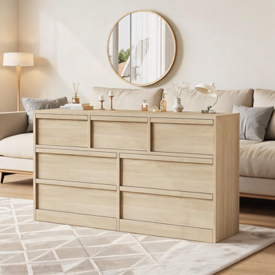 7 Drawer Dresser for Bedroom, 54in Wide Natural Oak 7 Chest of Drawers with Large Storage, Wooden Dresser Organizer Closet for Living Room, Entryway, Nursery