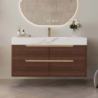 35.4" Modern Bathroom Vanity with Undermount Sink, Sintered Stone Top, Waterproof Multi-layer Solid Wood, 4 Drawers Storage, Free-standing/Wall-Mounted