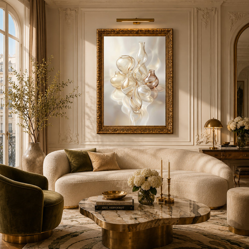 Art sur toile, vases en verre avec tourbillons dorés sur fond crème, 30"H x 20"W