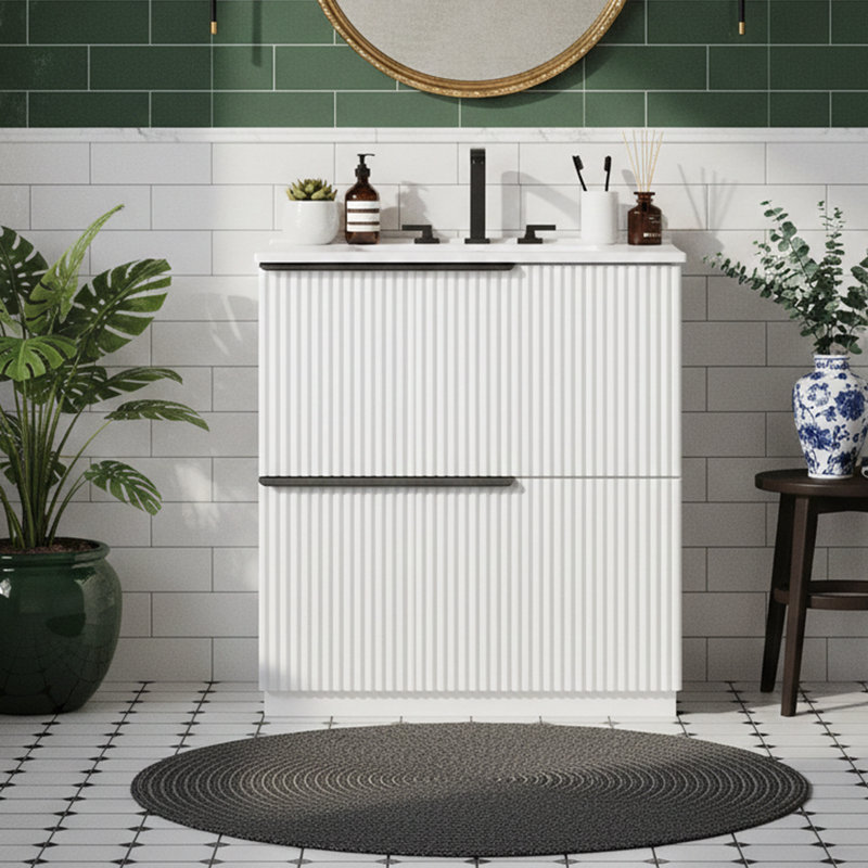  Meuble-lavabo simple cannelé 30 po avec lavabo en céramique 30 po - Armoire de rangement 2 tiroirs 8 po - Blanc, Blanc