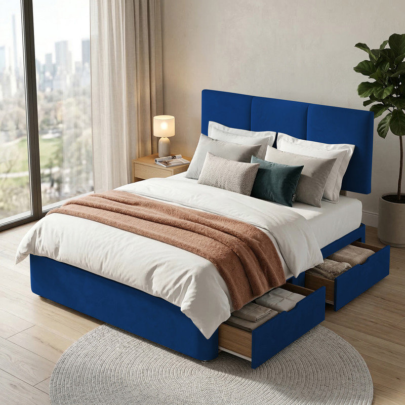 Upholstered Bed, 4ft6 Double, Blue, 2 Drawers Same Side