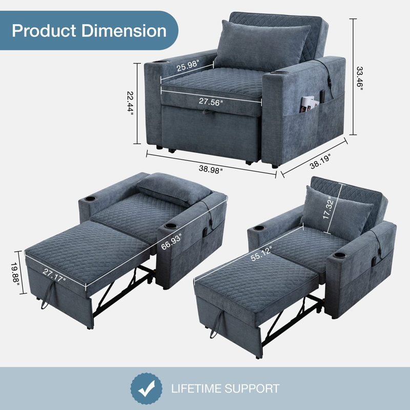 Fauteuil-lit convertible 3-en-1 avec massage et chaleur, Bleu