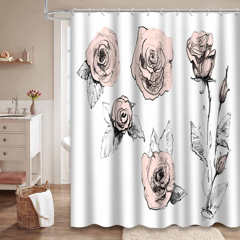 Rose, fleurs dessinées à l'encre, aquarelle, art botanique, voyage rétro avec 12 crochets, 72" L x 84" W