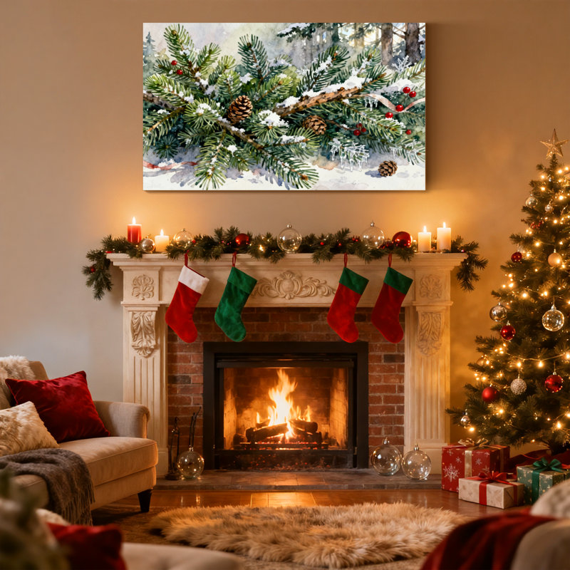 Ensemble de 3 impressions sur toile de Noël, branches de pin enneigées avec baies et cônes, H 20 po x l 30 po