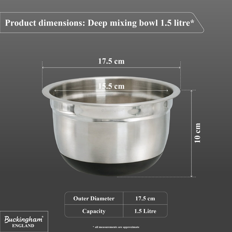 Buckingham Deep Salad Mixing Bowl Stainless Steel With Black Silicone Base, 17.5cm