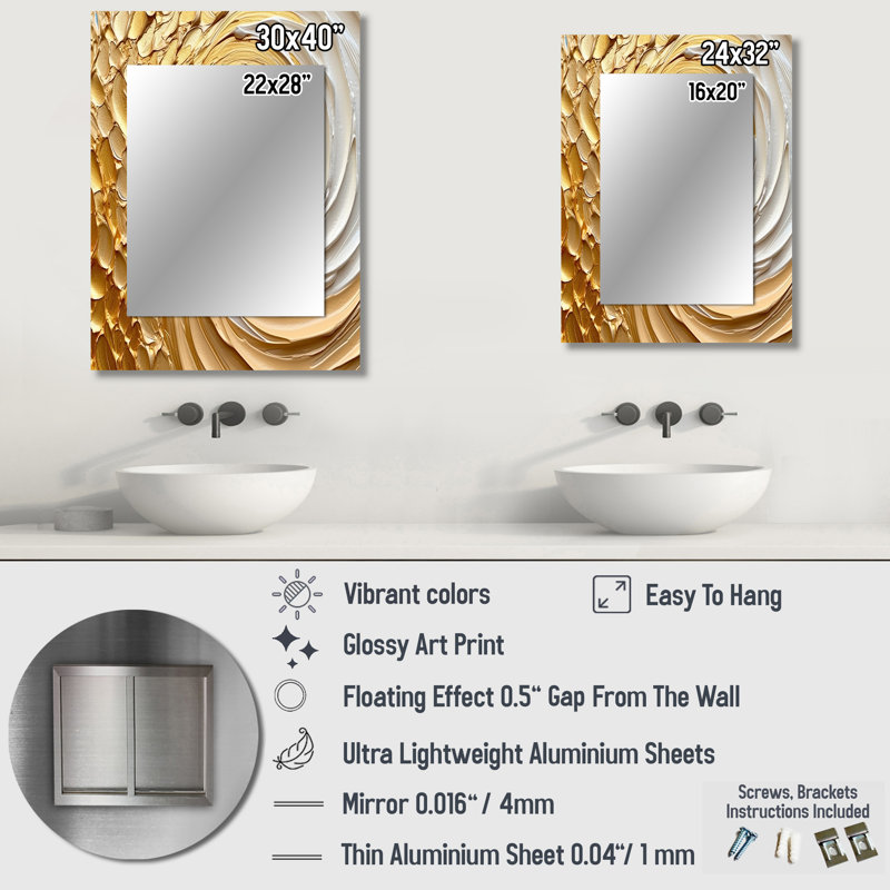 Gold Eternal Swirl I - Abstract Spirals Wall Mirror, Gold Decorative Mirror, Printed Metal Art, 40" x 30"