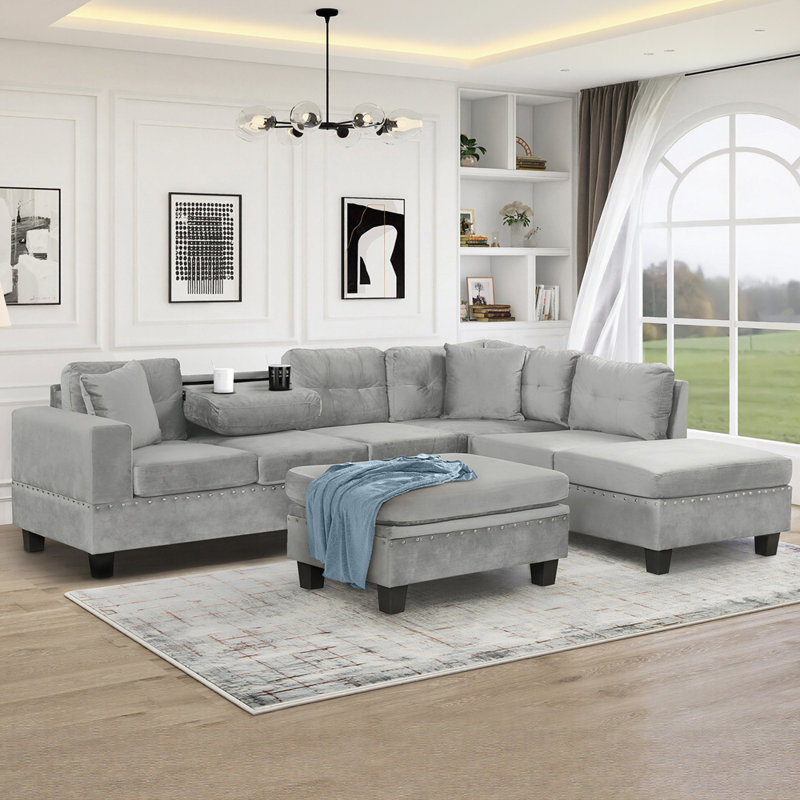 Canapé modulaire moderne avec repose-pieds avec rangement 2 coussins et porte-gobelets pour le salon, Gris