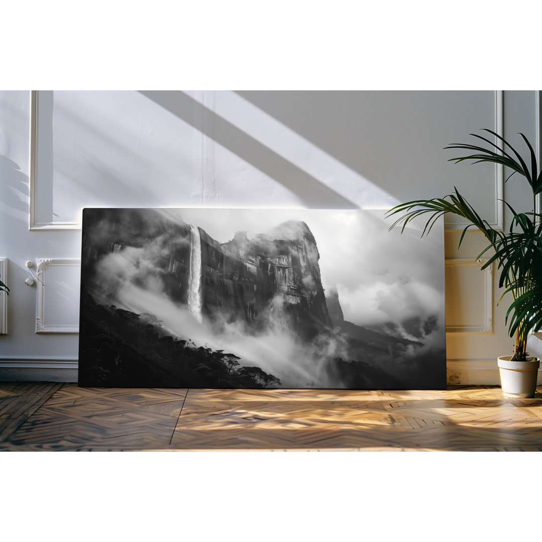 Gerahmtes Bild auf Leinwand 120x60cm Klippe Berge Wasserfall Natur Schwarz Weiß