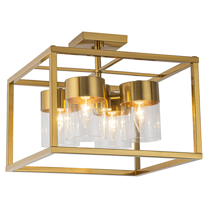 4-Light Antique Brass Semi-Flush Mount Ceiling Light With Clear Glass Shades, Modern Geometric Square Cage Design For Bedroom Hallway Kitchen, E12 Base UL Listed, 15 Inch
