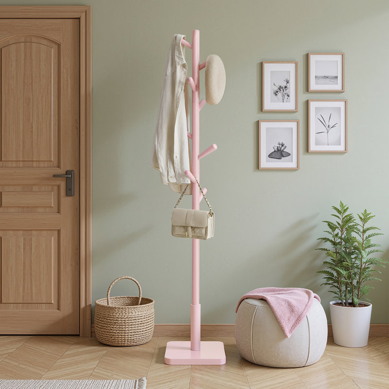 Trikomou Solid Wood 8-Hook Freestanding Coat Rack, Pink