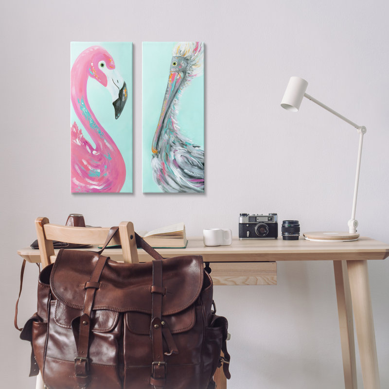 «Odd Flamingo Pelican Profile», ensemble de 2 toiles d'art par Estelle Grengs, H 24 po x l 10 po