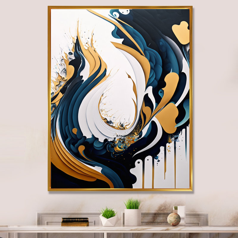 Bleu et or, art moderne abstrait, peinture V - art mural moderne sur toile, H 40 po x l 30 po x P 1,5 po, Or
