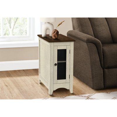 Table d'appoint étroite pour la chambre à coucher et le salon: placage brun blanc antique, rangement avec bouton en métal, table de transition facile à assembler: rangement design, pièce idéale, à nettoyer