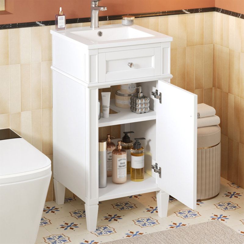 Ensemble de meuble-lavabo sur pied 16 po avec lavabo en céramique, ensemble de meuble-lavabo simple autoportant avec porte à fermeture douce, tablette réglable, style français