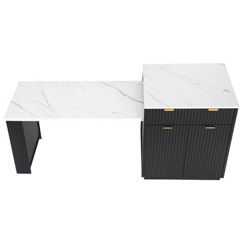 Îlot de cuisine cannelé 82,6 po avec table de salle à manger extensible pour 4 à 6 personnes, table d'îlot de cuisine avec prise de courant, table de cuisine avec rangement double, 2 tiroirs et 2 tablettes ouvertes latérales