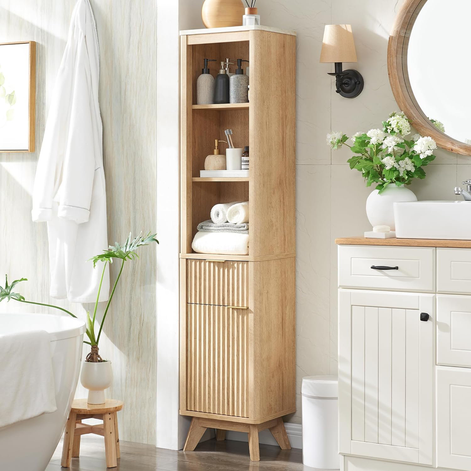 Rebrilliant naina farmhouse tall corner bathroom cabinet free standing