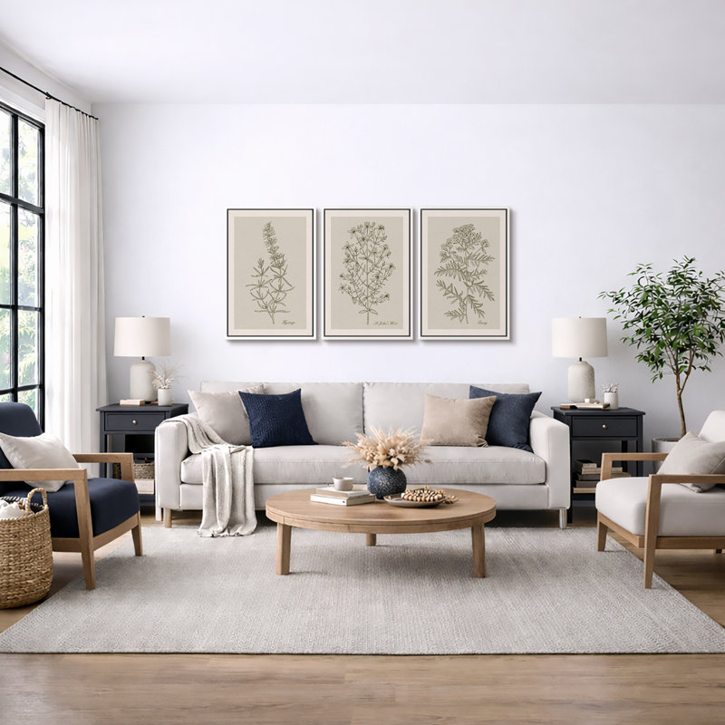 Minimal Botanical "Duotone Beige Green Classic Artwork, Simple Neutral Botanical Wall Pictures, Large Framed Canvas Giclee Print 3 Pieces Wall Art Set"  16"x24"x3 pcs, 24"x36"x3 pcs