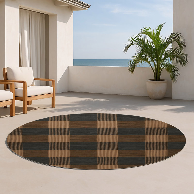 Tapis d'intérieur et d'extérieur à carreaux brun, Rond 5 pi